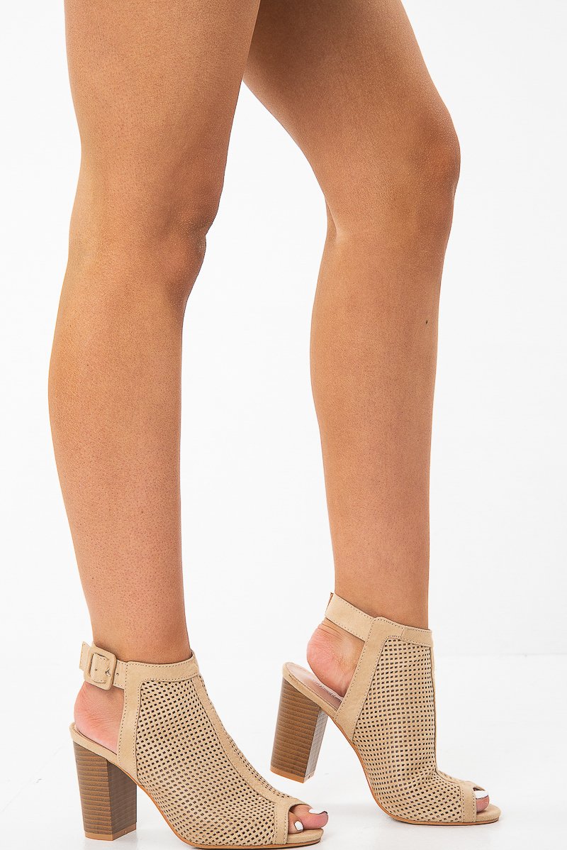 Beige Faux Suede Cage Front Block Heels - Shannon-Heels