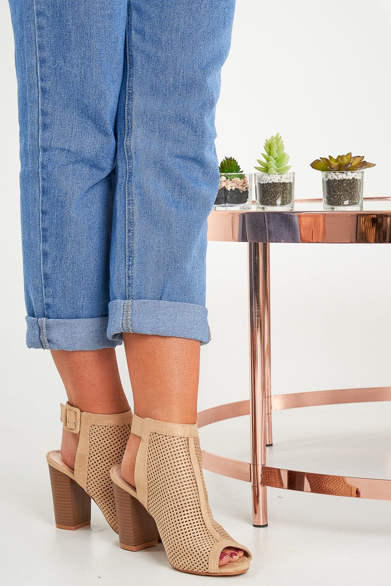 Beige Faux Suede Cage Front Block Heels - Shannon-Heels