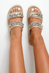 Beige Faux Suede Chain Sliders - Hinsley-Sliders