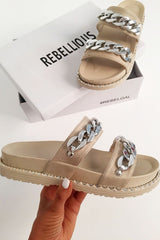 Beige Faux Suede Chain Sliders - Hinsley-Sliders