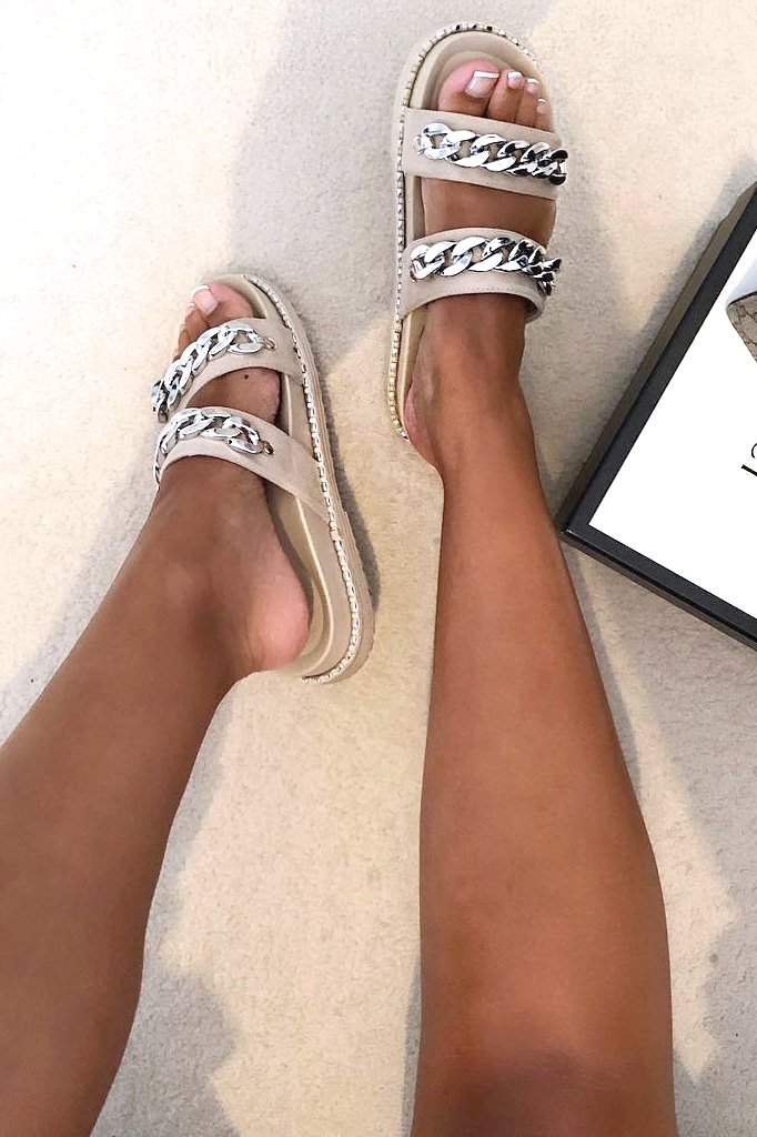 Beige Faux Suede Chain Sliders - Hinsley-Sliders