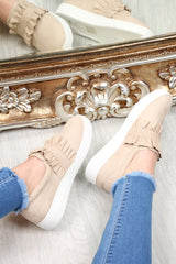 Beige Faux Suede Frill Slip On Trainers - Nara-Trainers