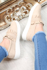 Beige Faux Suede Frill Slip On Trainers - Nara-Trainers
