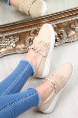Beige Faux Suede Frill Slip On Trainers - Nara-Trainers