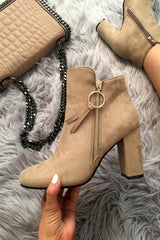 Beige Faux Suede Gold Detail Ankle Boot - Daisymae-Boots
