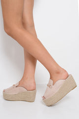 Beige Faux Suede Rope Braid Mule Wedges - Saori-Wedges