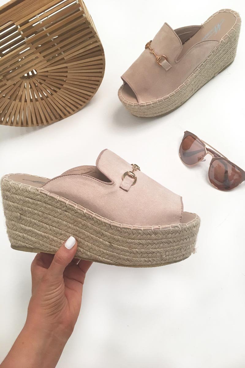 Beige Faux Suede Rope Braid Mule Wedges - Saori-Wedges