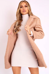 Beige Faux Suede Shearling Coat - Izabella-Coats