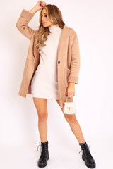 Beige Faux Suede Shearling Coat - Izabella-Coats