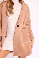 Beige Faux Suede Shearling Coat - Izabella-Coats