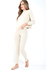 Beige Fine Cable Knit Loungewear Set - Lizette-Co-ords