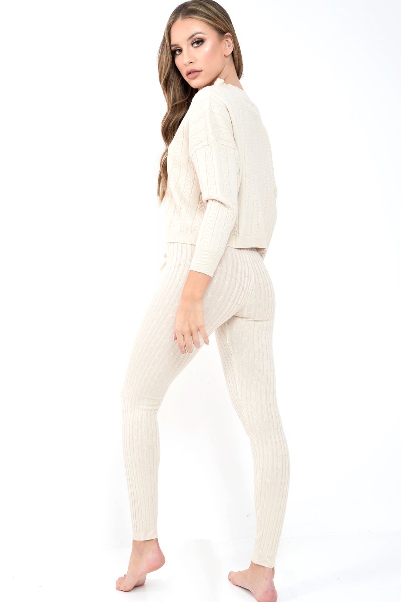 Beige Fine Cable Knit Loungewear Set - Lizette-Co-ords