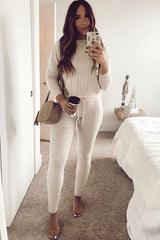 Beige Fine Cable Knit Loungewear Set - Lizette-Co-ords