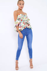 Beige Floral Bardot Corset Ruffle Sleeve Top - Shannen-Tops