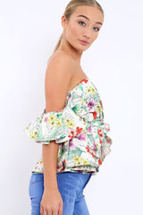 Beige Floral Bardot Corset Ruffle Sleeve Top - Shannen-Tops