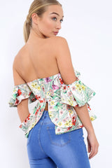 Beige Floral Bardot Corset Ruffle Sleeve Top - Shannen-Tops