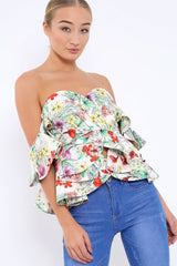 Beige Floral Bardot Corset Ruffle Sleeve Top - Shannen-Tops