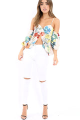 Beige Floral Cold Shoulder Ruffle Sleeve Crop Top - Shelby-Tops