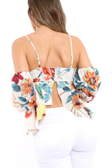 Beige Floral Cold Shoulder Ruffle Sleeve Crop Top - Shelby-Tops
