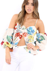 Beige Floral Cold Shoulder Ruffle Sleeve Crop Top - Shelby-Tops