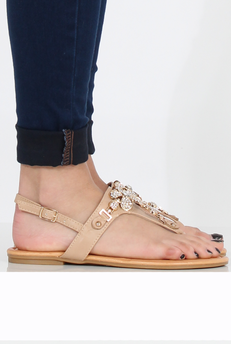 Beige Flower Diamante Sandals - Ailish-Sandals