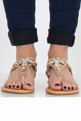 Beige Flower Diamante Sandals - Ailish-Sandals