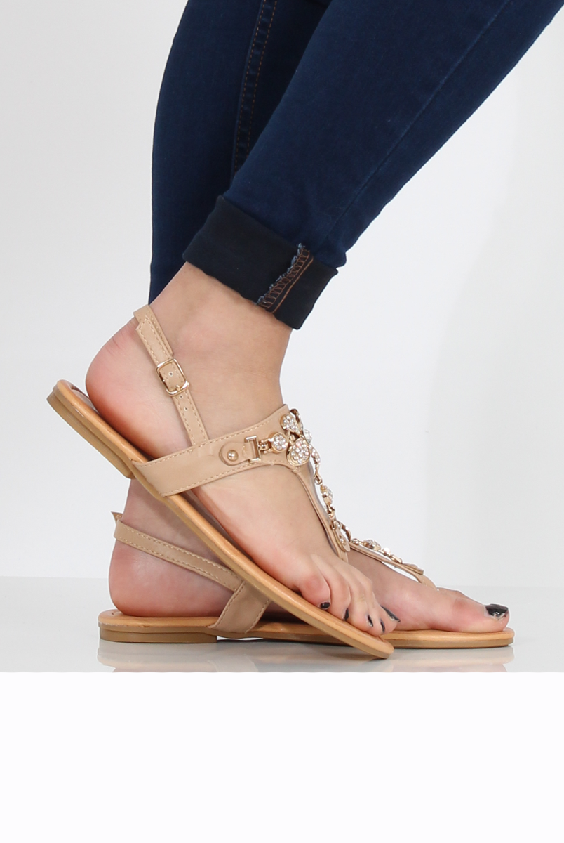 Beige Flower Diamante Sandals - Ailish-Sandals
