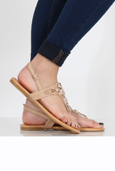 Beige Flower Diamante Sandals - Ailish-Sandals
