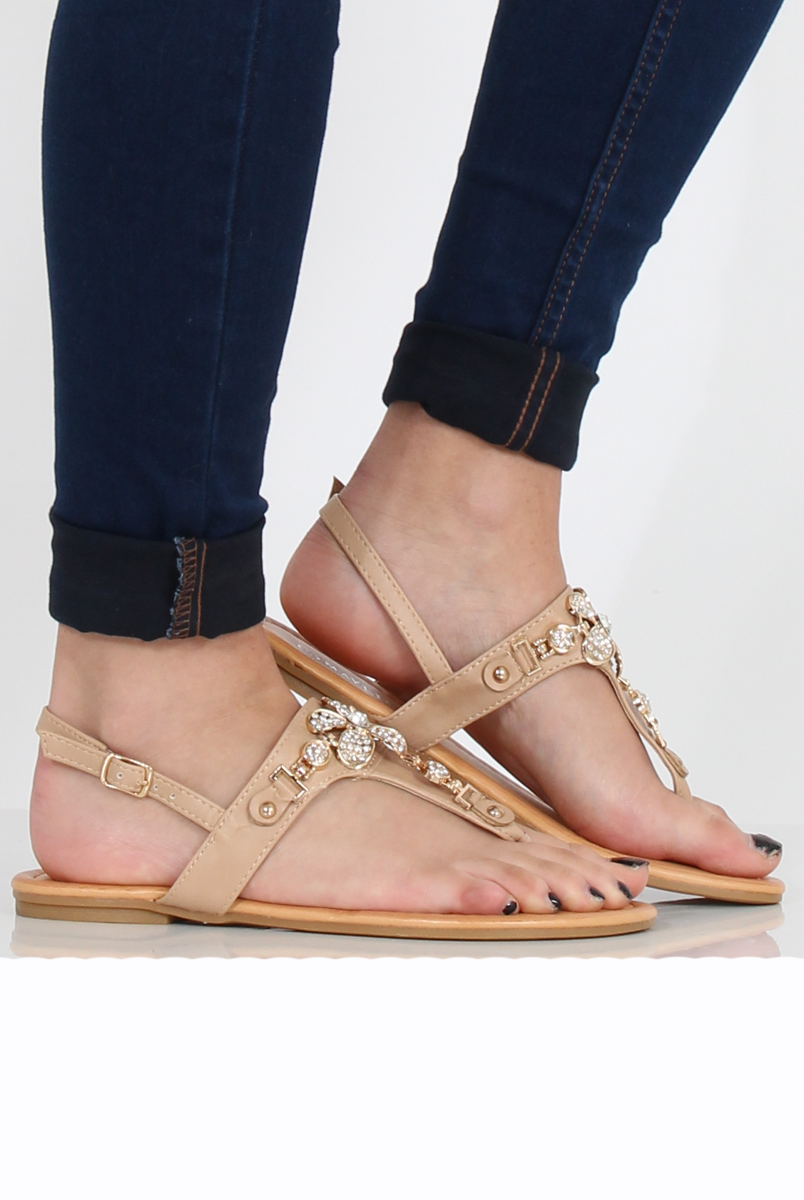 Beige Flower Diamante Sandals - Ailish-Sandals