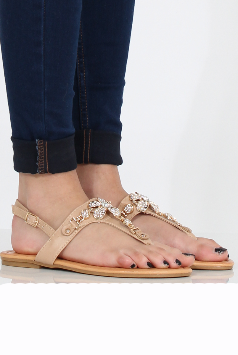 Beige Flower Diamante Sandals - Ailish-Sandals