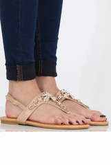 Beige Flower Diamante Sandals - Ailish-Sandals