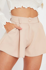 Beige Flowy High Waisted Shorts - Ayna-Shorts