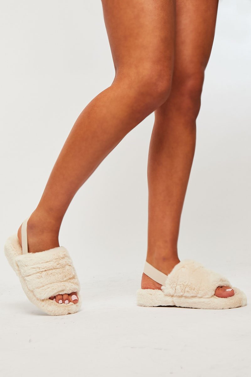 Beige Fluffy Strap Sliders - Naria-Slippers