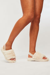 Beige Fluffy Strap Sliders - Naria-Slippers