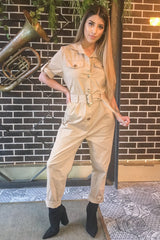 Beige Front Button Belted Boiler Jumpsuit - Nyrah-Jumpsuits