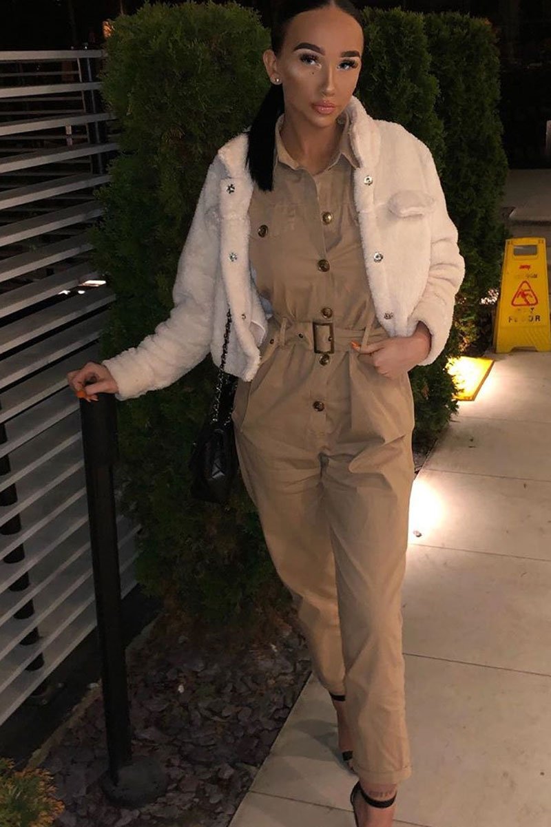 Beige Front Button Belted Boiler Jumpsuit - Nyrah-Jumpsuits