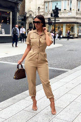 Beige Front Button Belted Boiler Jumpsuit - Nyrah-Jumpsuits