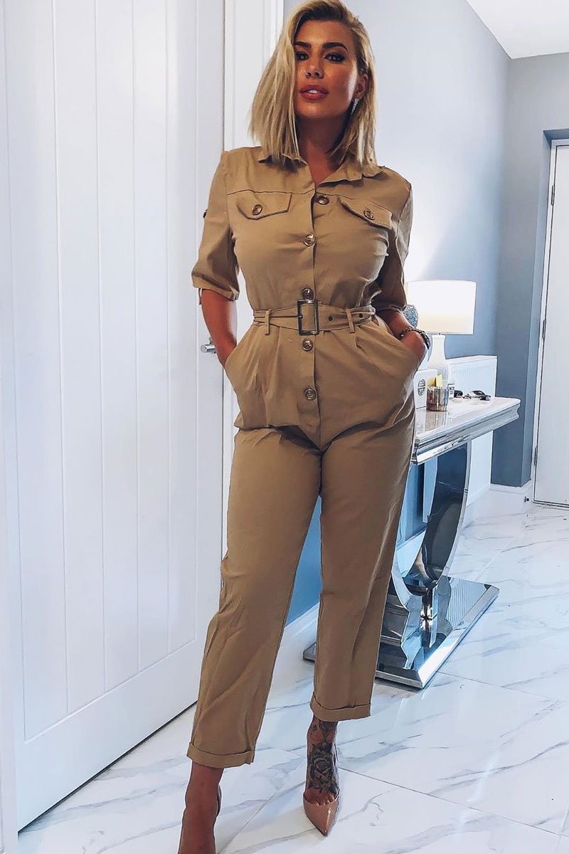 Beige Front Button Belted Boiler Jumpsuit - Nyrah-Jumpsuits