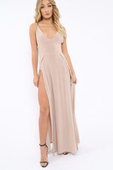Beige Front Split Leg Maxi Dress - Effy-Dresses