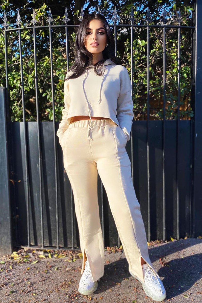 Beige Front Split Wide Leg Joggers - Jenise-Joggers