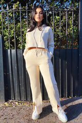 Beige Front Split Wide Leg Joggers - Jenise-Joggers