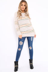 Beige Fur Knit Jumper with colourful stripe detail - Anabella-Jumper