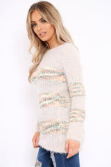 Beige Fur Knit Jumper with colourful stripe detail - Anabella-Jumper