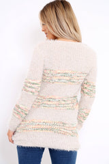 Beige Fur Knit Jumper with colourful stripe detail - Anabella-Jumper
