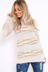 Beige Fur Knit Jumper with colourful stripe detail - Anabella-Jumper