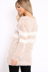 Beige Fur Knit Wide Stripe Jumper Dress - Keeley-Jumper