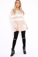 Beige Fur Knit Wide Stripe Jumper Dress - Keeley-Jumper