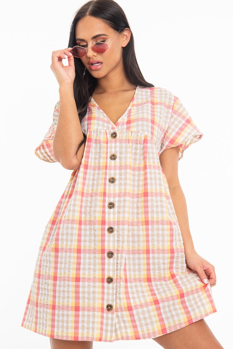 Beige Gingham Plunge Button Front Woven Smock Dress - Sianna-Dresses