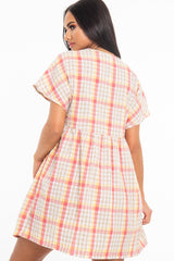 Beige Gingham Plunge Button Front Woven Smock Dress - Sianna-Dresses