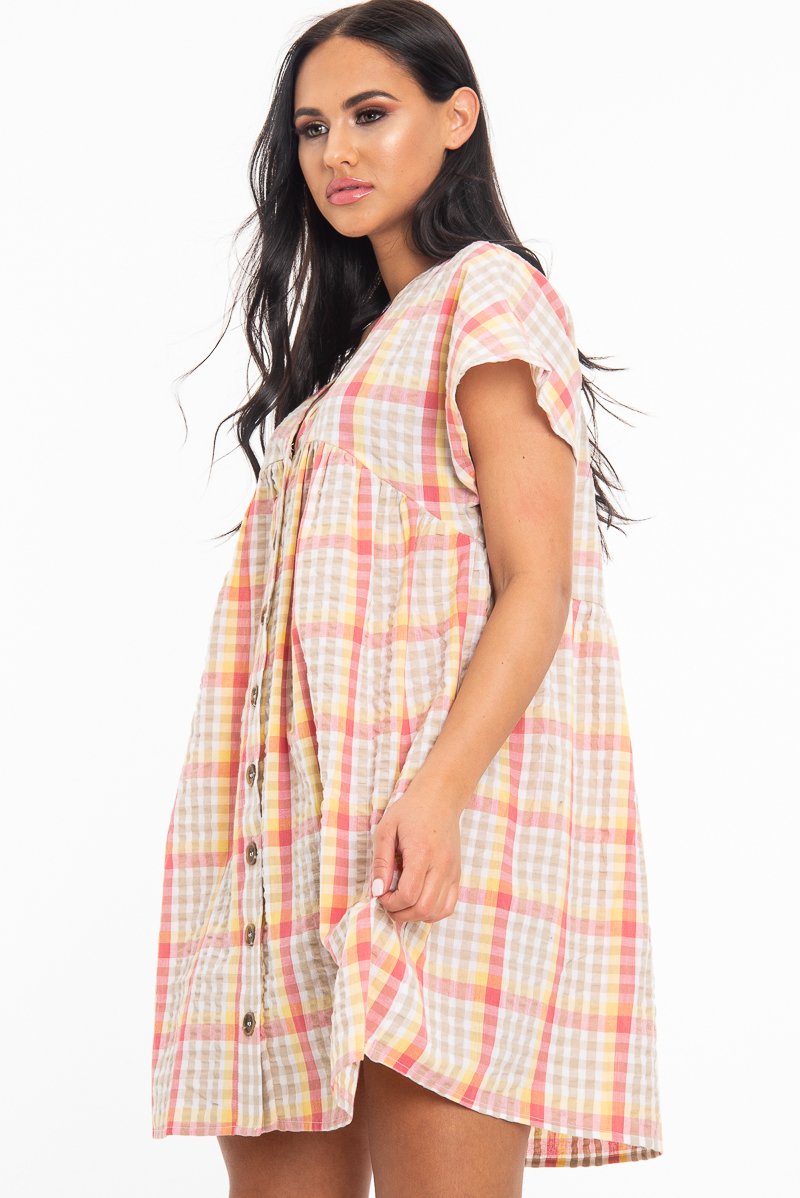 Beige Gingham Plunge Button Front Woven Smock Dress - Sianna-Dresses